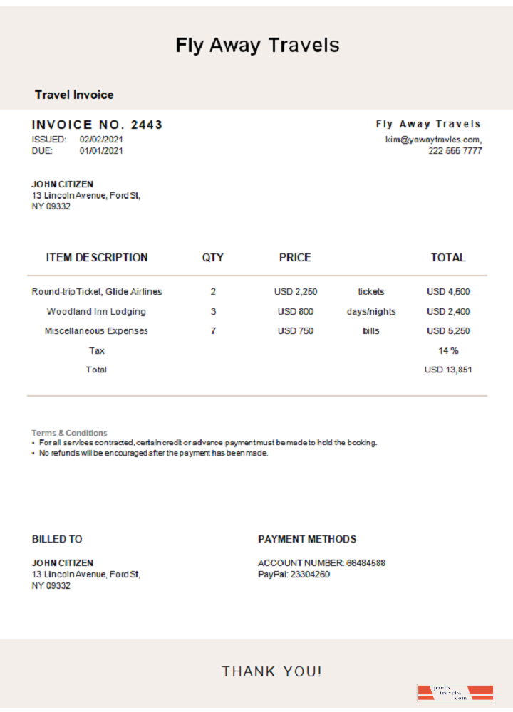 USA Fly Away Travels invoice PSD template